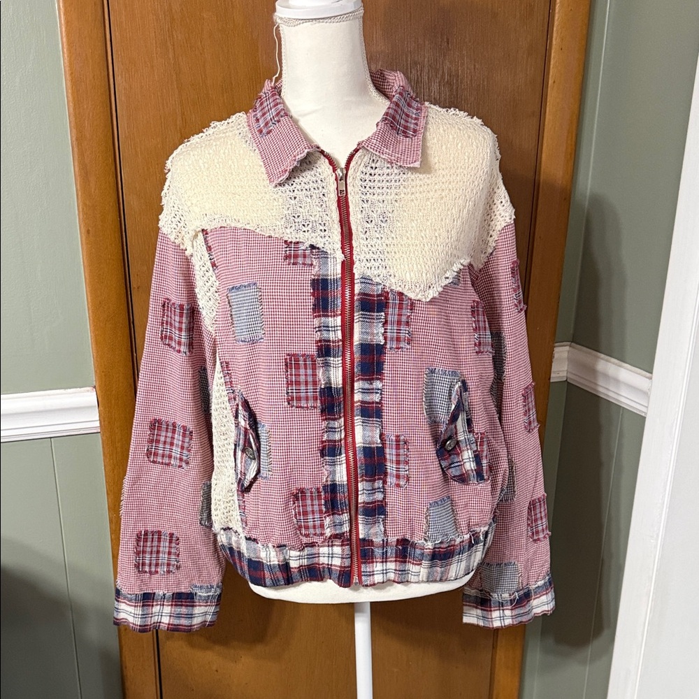 POL Red, Blue, and  Cream Patchwork Bomber Jacket Size M